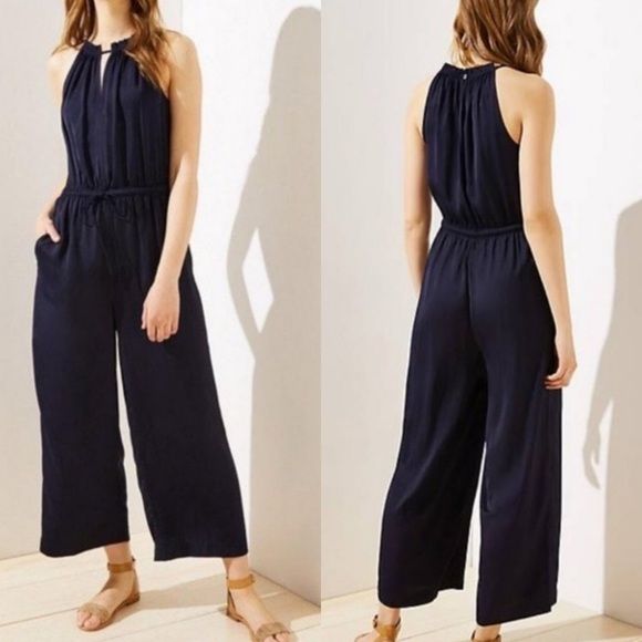 LOFT Navy Silky Maxi Long Wide Leg Romper Jumpsuit M - Picture 1 of 11